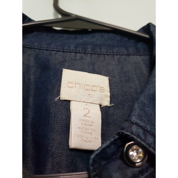 Chicos 2 Womens L Blouse Button Front All Over Sequins Chambray Long Sleeve - Picture 5 of 6